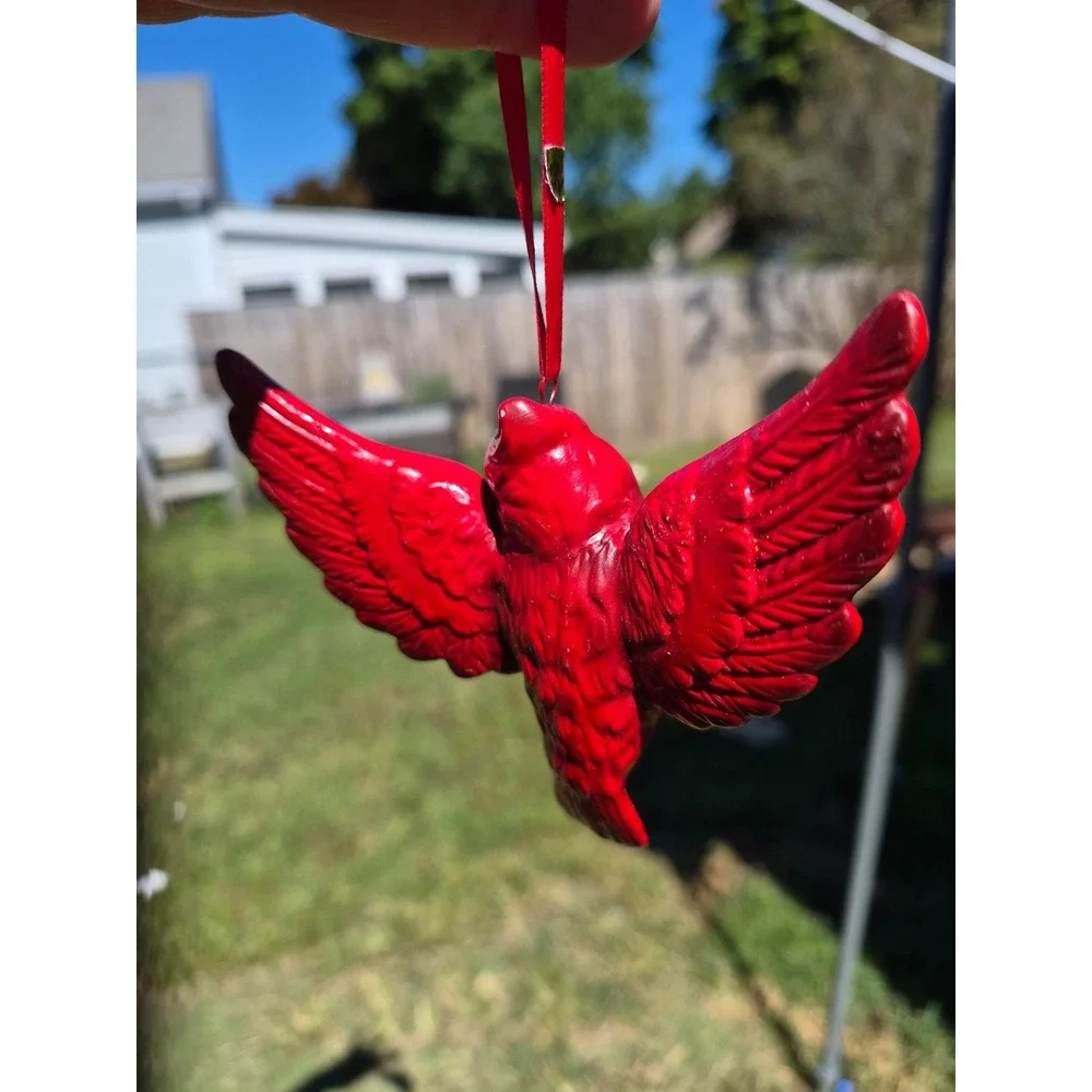 Red Cardinal Christmas Ornaments Set of 2 Winter Scene Hand Painted Bird Decor